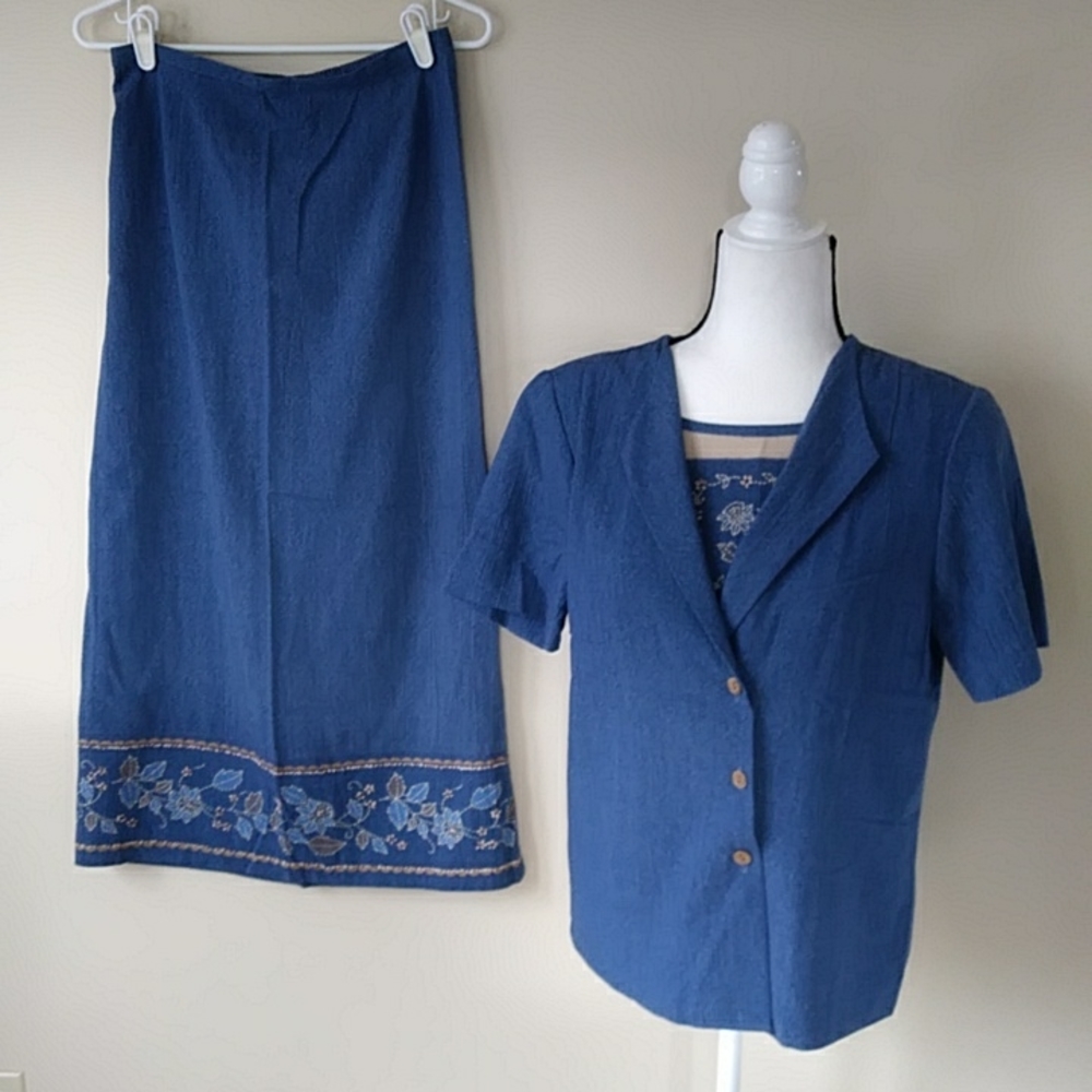 Alfred Dunner Petite Floral Beaded Skirt & Jacket Set 10P Blue Tan